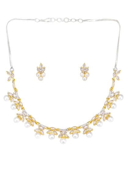 Gold Plated Leaf Shaped American Diamond Studded Jewellery Set