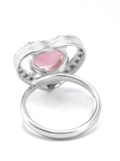 Rhodium Plated Pink Heart Shaped American Diamond Adjustable Finger Ring