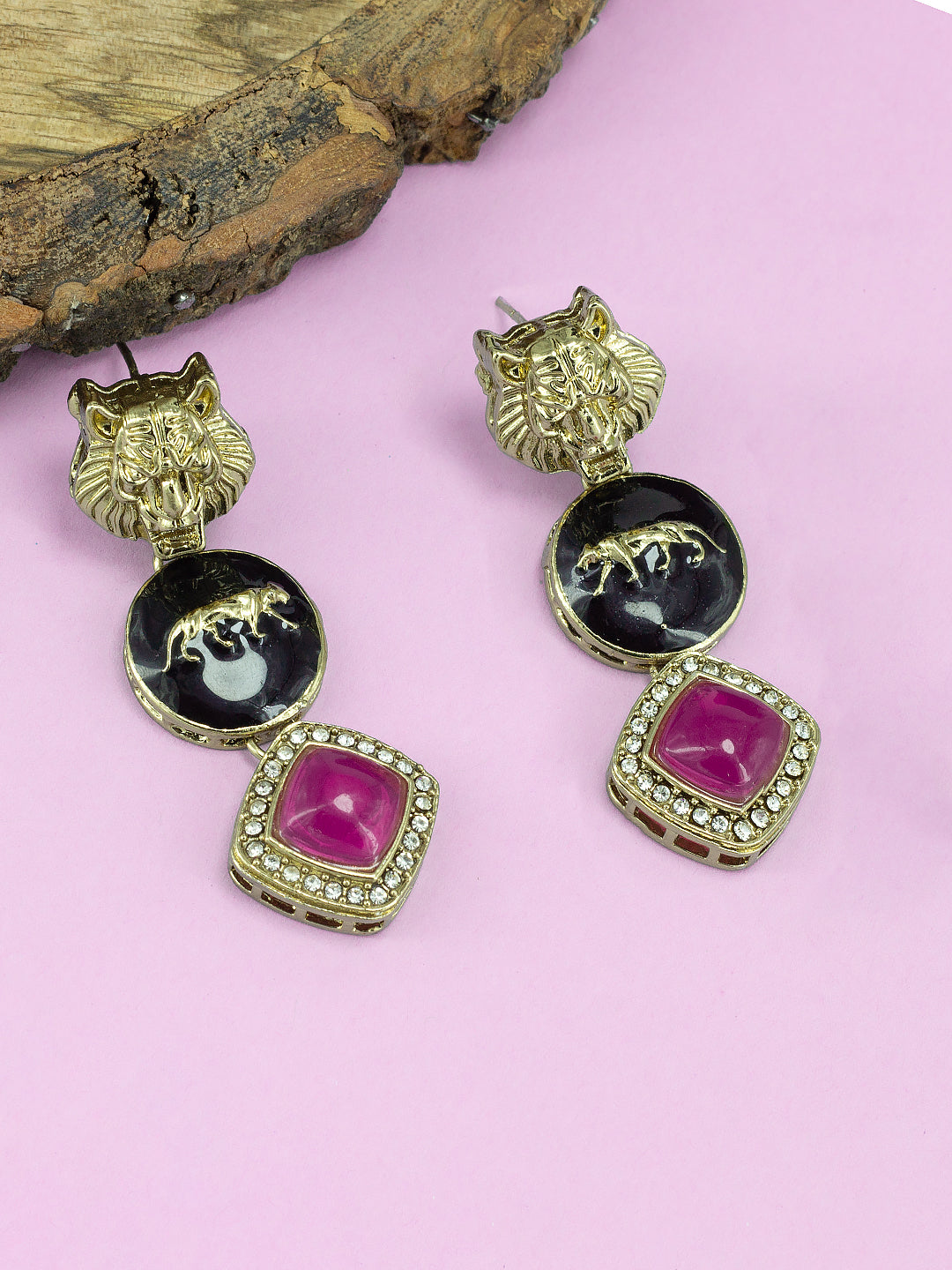 Gold Plated Pink Stone Studded Lion Shaped Drop Earrings