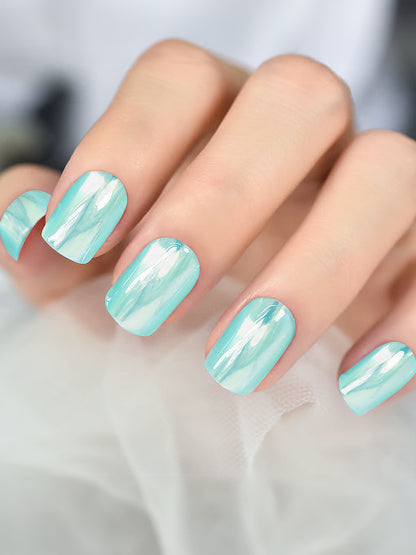 Set of 24 Sea Green and White Metallic Duochrome stick on nails