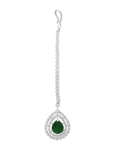 Rhodium Plated Green American Diamond Teardrop Jewellery Set