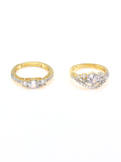 Set Of Two Gold Plated Solitaire & Leaf American Diamond Trendy Adjustable Finger Rings