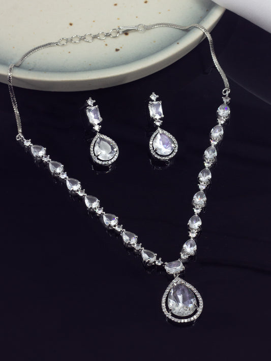 Rhodium Plated Teardrop American Diamond Jewellery Set