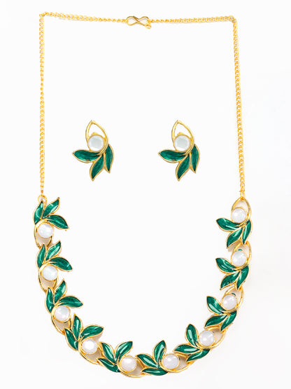 Gold Plated Green Leaf Shaped Jewellery Set