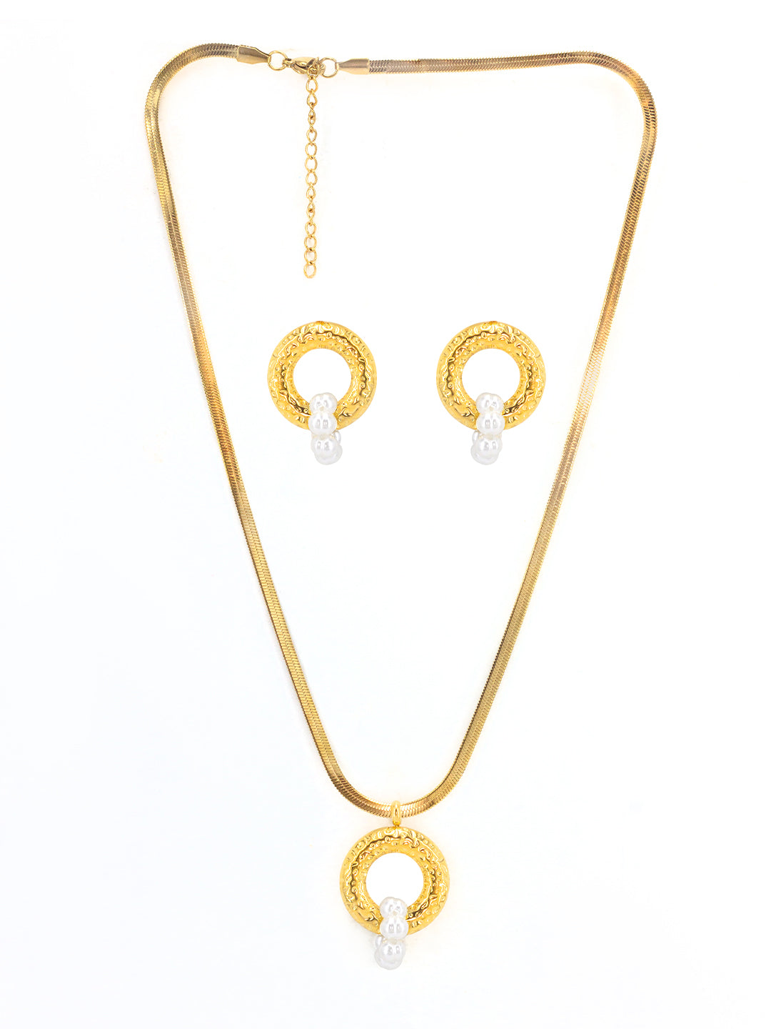 Anti Turnish Pearl Snake Chain Necklace with Earrings | Trendy Gold-Plated Stainless-Steel Flat Chain Necklace & Earrings