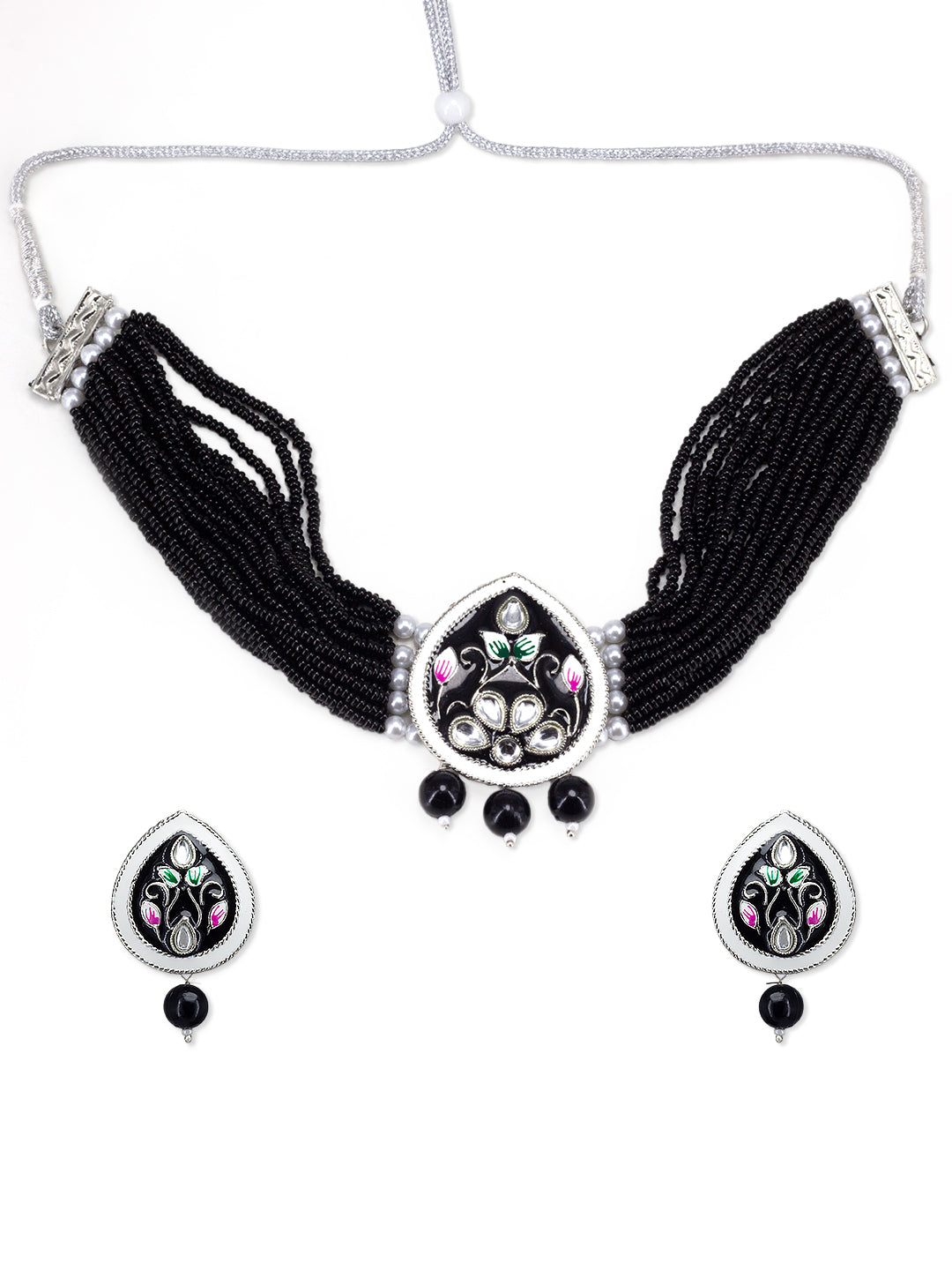 Silver Plated Black Kundan Studded & Beaded Choker Jewellery Set