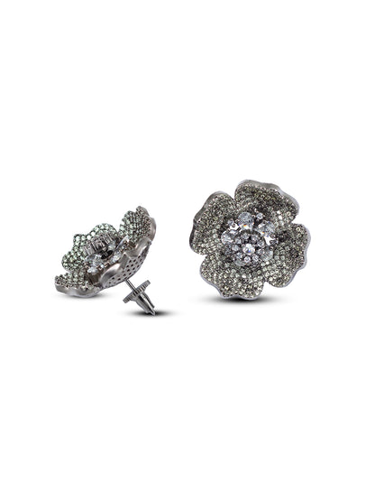 Rhodium Plated Floral American Diamond Stud Earrings