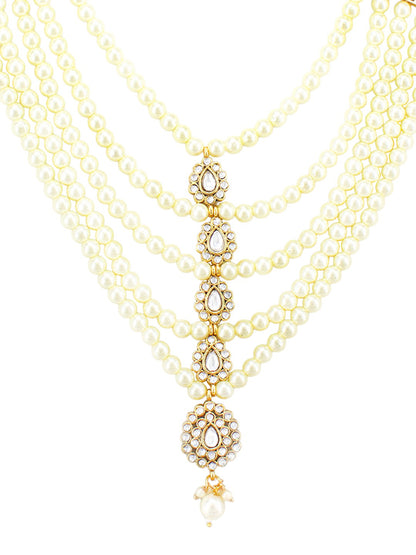 Gold-Plated Pearl-Studded & Kundan-Beaded Multi Layered Jewellery Set With Maangtika