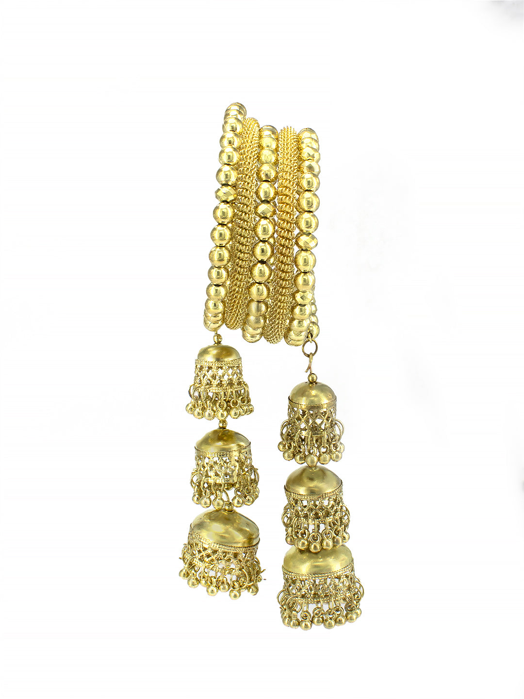 Gold Plated Multistrand Wraparound Bracelet with Three Layer Jhumki