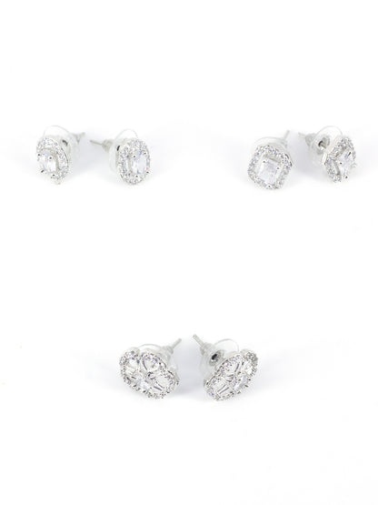 Set Of Three Rhodium Plated Geometric American Diamond Earrings