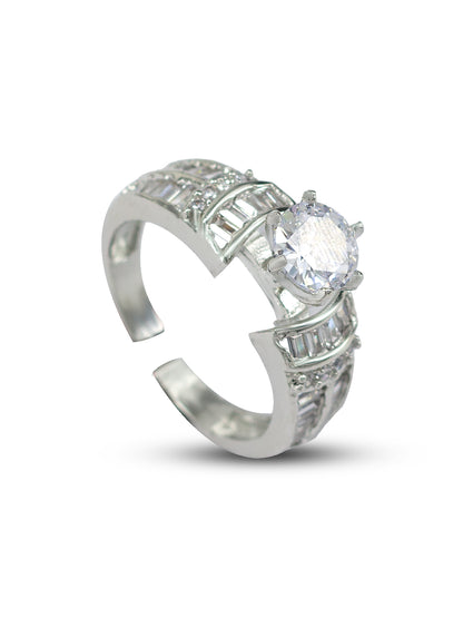 Rhodium Plated American Diamond Adjustable Solitaire Finger Ring