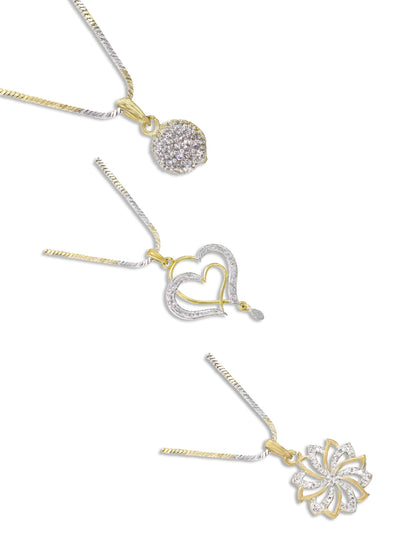 Set of 3 Gold Plated American Diamond Heart, Floral & Round Shaped Pendant & Earring Set