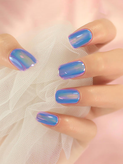 Set of 24 Blue and White Metallic Duochrome stick on nails