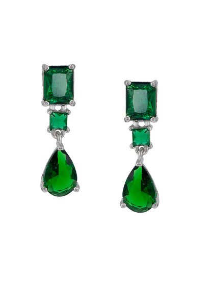 Rhodium Plated Green Teardrop Shaped American Diamond Studded Jewellery Set