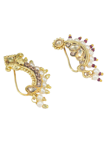 Set of 2 Gold Plated Artificial Stones & Beads Studded Non-Piercing Nosepin