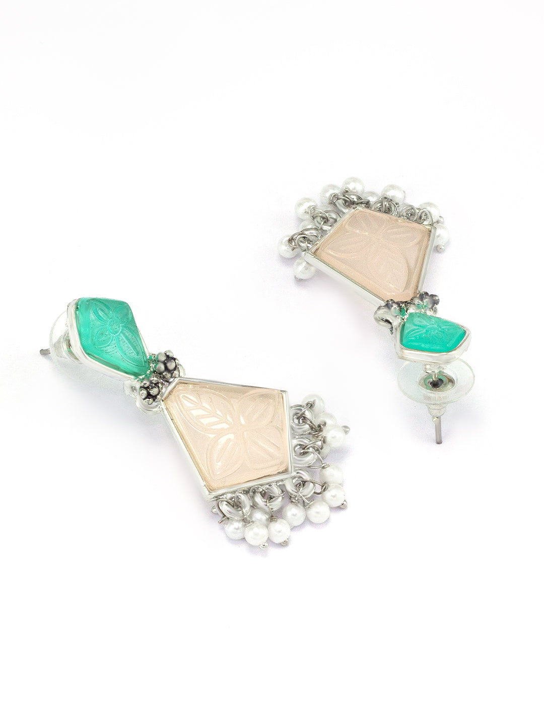 Silver-Plated Geometric Stone Studded Drop Earrings