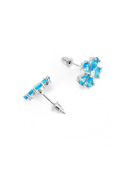 Rhodium Plated Aqua Blue Floral American Diamond Stud Earrings