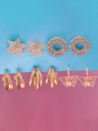 Set of 5 Rose Gold Hoops & Studs Earrings