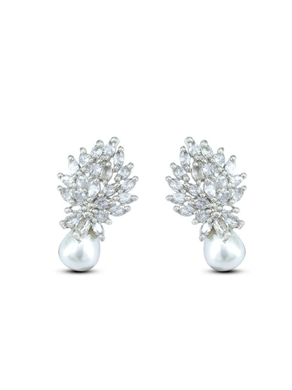 Rhodium Plated American Diamond Studded Floral Drop Earrings