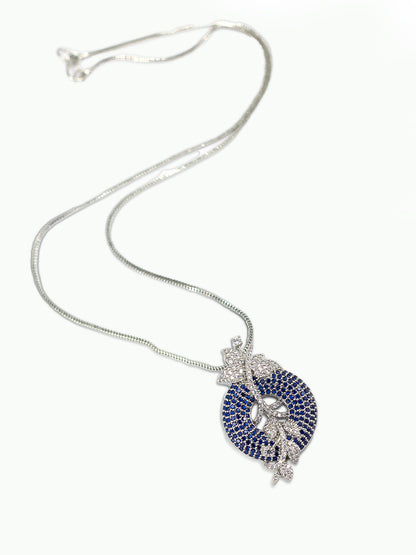 Rhodium Plated Blue American Diamond Studded Pendent & Earrings Set