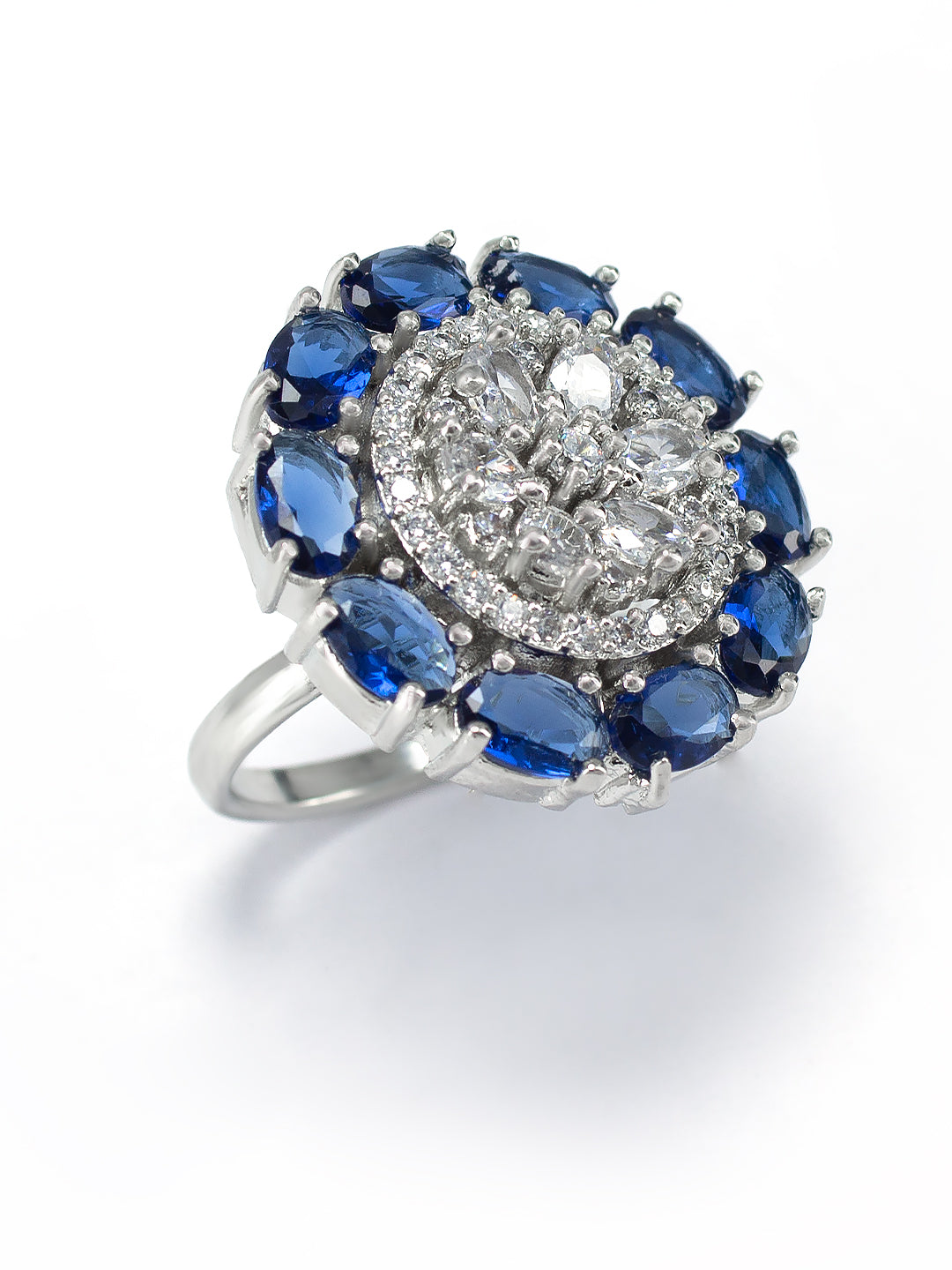 Rhodium-Plated Blue American Diamond Floral Adjustable Trendy Finger Ring