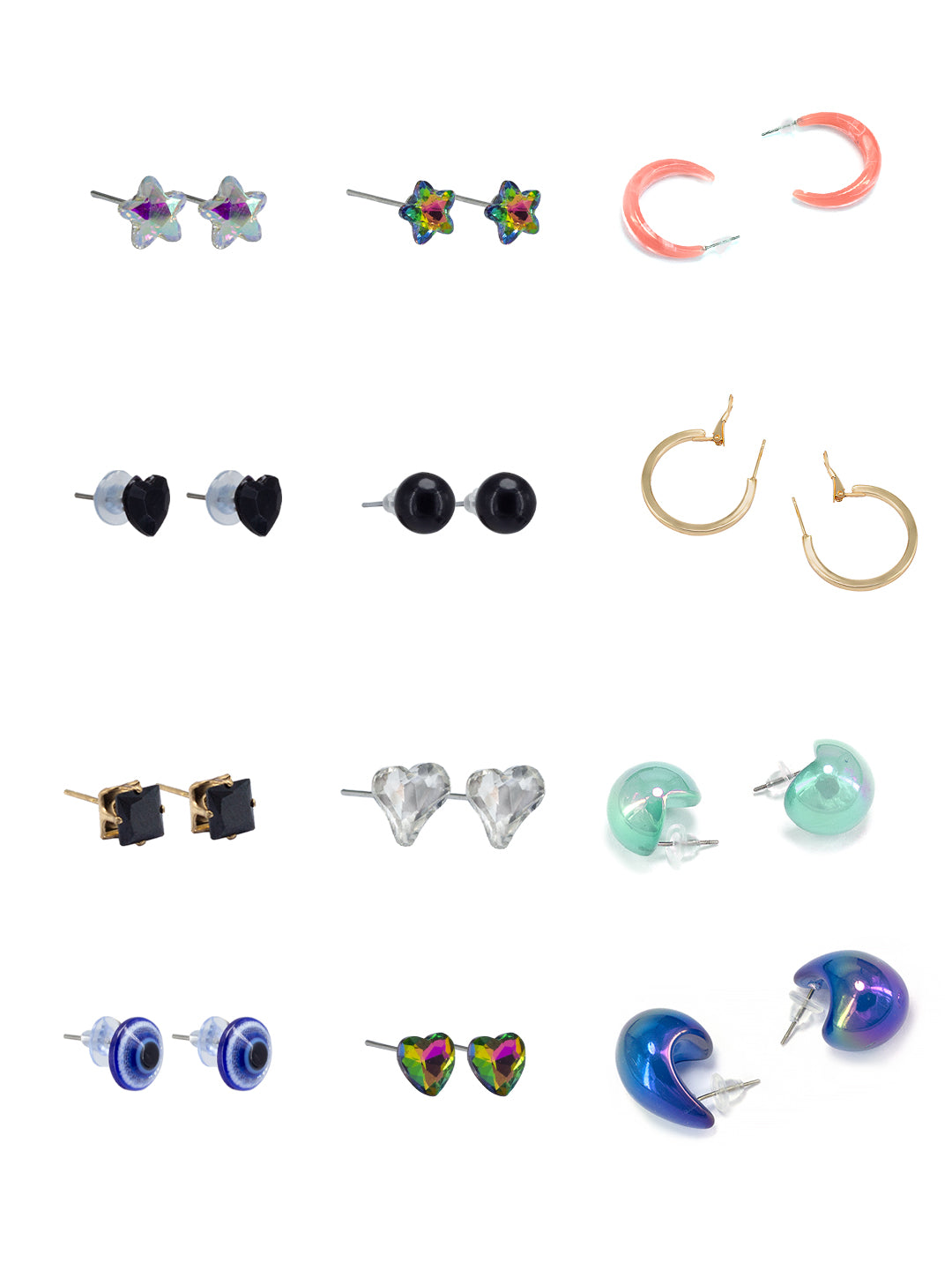 Pack of 12 Multi Colour Drop, Hoop & Studs Earrings