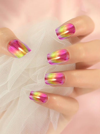 Set of 24 Pink and White Metallic Duochrome stick on nails