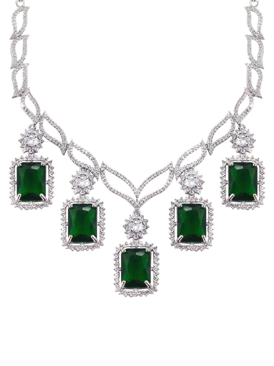 Rhodium Plated Green American Diamond Semi-Bridal Jewellery Set