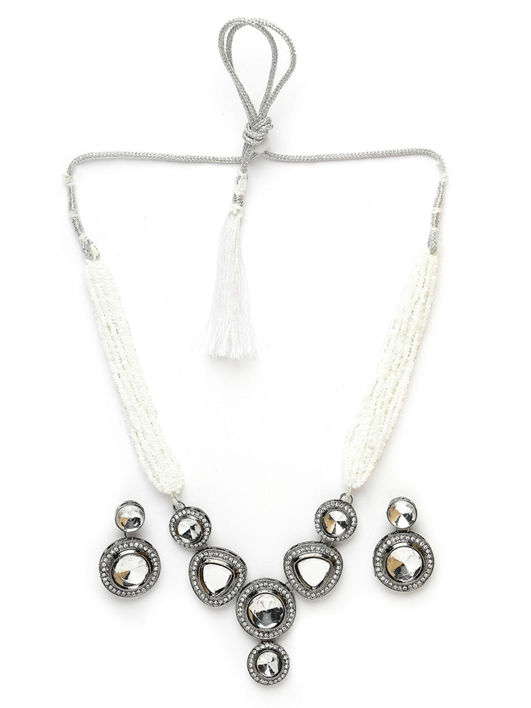 Silver-Plated CZ Stone Studded & Beaded Oxidised Jewellery Set