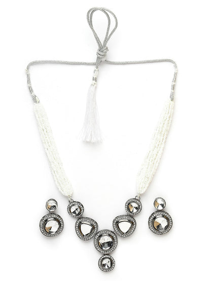 Silver-Plated CZ Stone Studded & Beaded Oxidised Jewellery Set