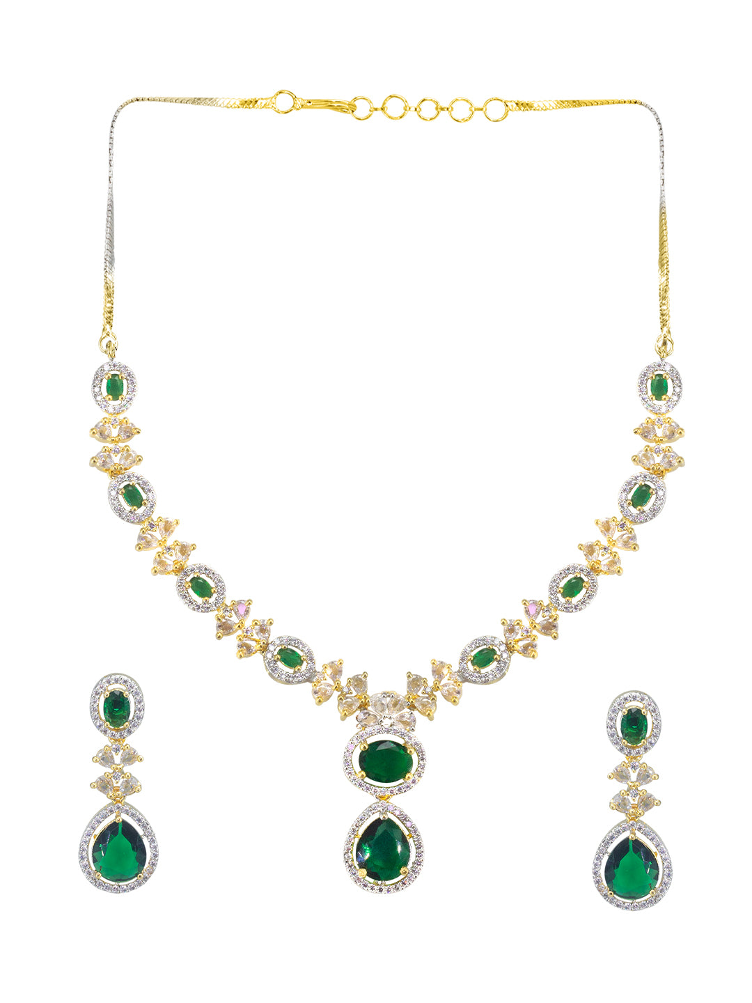 Gold Plated Green American Diamond Jewellery Set