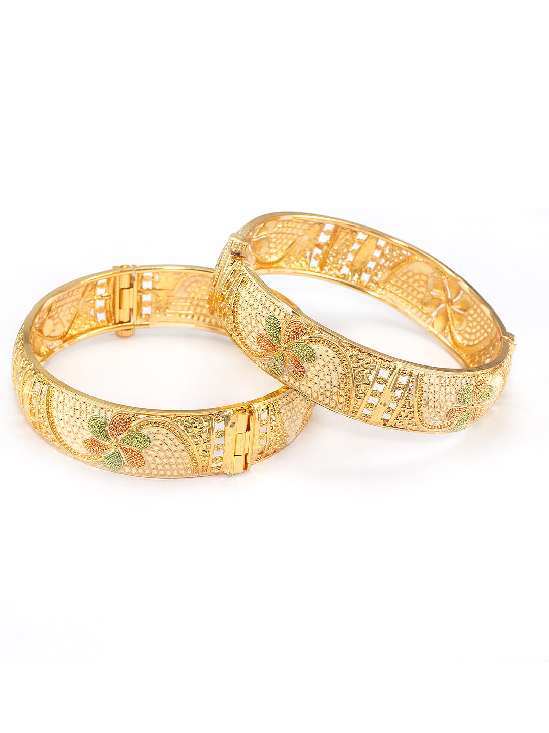 Gold Plated Chunky Floral Meenakari Bangle Pair