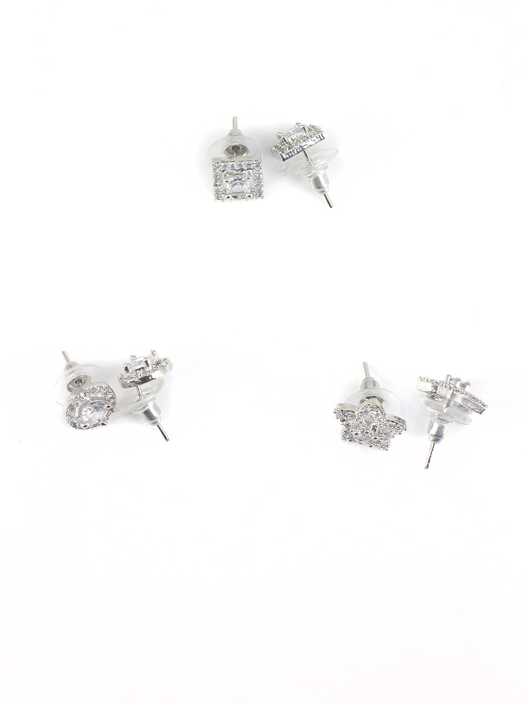 Set Of Three Rhodium Plated Geometric AD Trendy Earrings