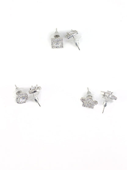 Set Of Three Rhodium Plated Geometric AD Trendy Earrings