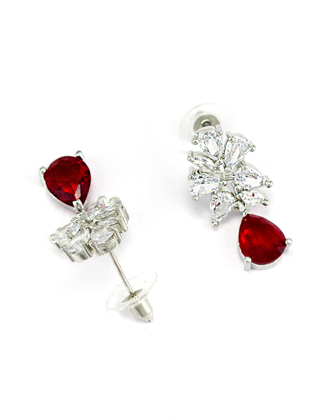 Rhodium Plated Red American Diamond Drop Earrings