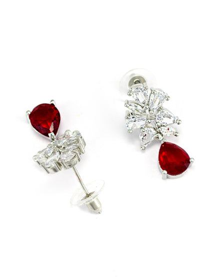 Rhodium Plated Red American Diamond Drop Earrings