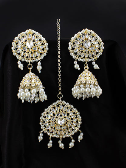 Gold- Plated Kundan Stone Studded & Pearl Beaded Jhumka Earrings With Maangtika