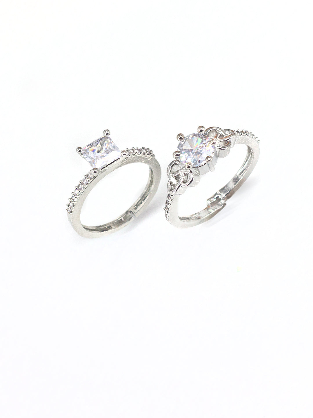 Set Of Two Rhodium Plated Solitaire American Diamond Trendy Adjustable Finger Rings