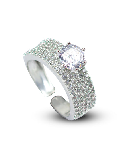 Rhodium Plated American Diamond Adjustable Solitaire Finger Ring