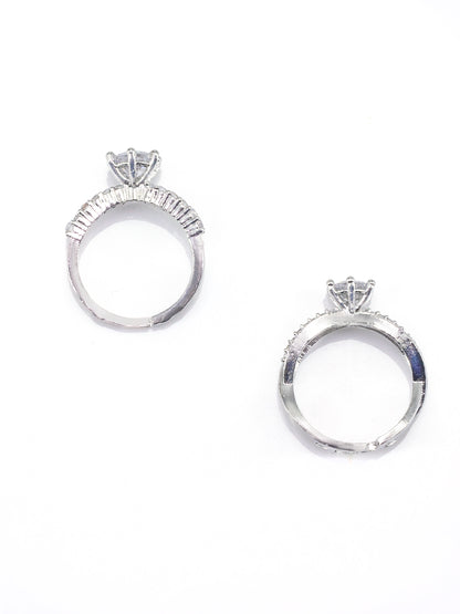 Set Of Two Rhodium Plated Solitaire American Diamond Trendy Adjustable Finger Rings