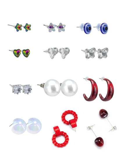 Pack of 12 Multi Colour Drop, Hoop & Studs Earrings