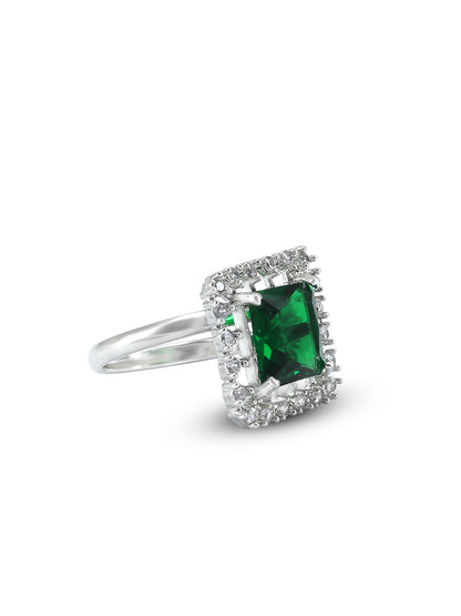 Rhodium Plated Green American Diamond Square Adjustable Finger Ring