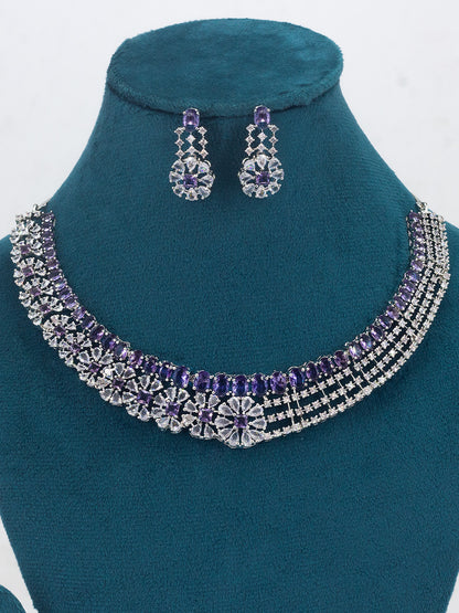 Rhodium Plated Purple Floral AD Statement Jewellery Set