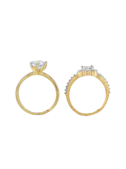 Set Of Two Gold Plated Solitaire American Diamond Trendy Adjustable Finger Rings