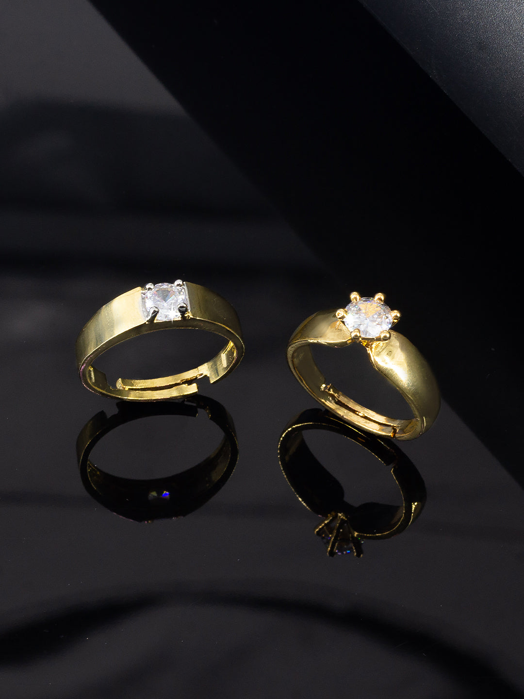 Trendy Set Of Two Gold Plated Solitaire American Diamond Adjustable Couple Rings