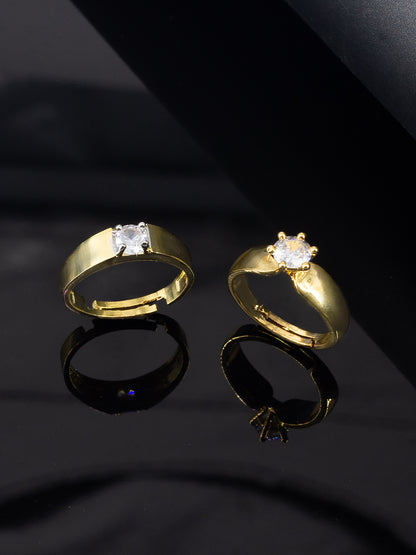 Trendy Set Of Two Gold Plated Solitaire American Diamond Adjustable Couple Rings