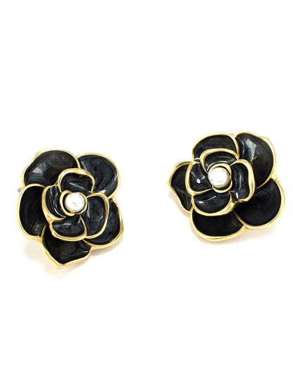 Gold-Plated Black Pearl Floral Studs Earrings