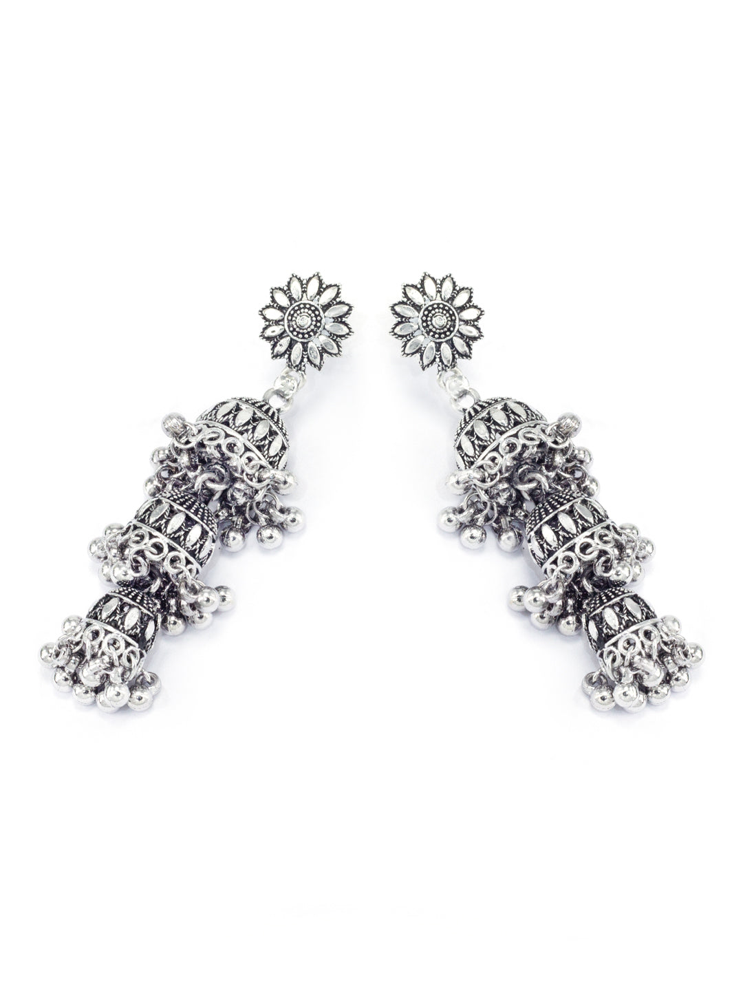 Silver Plated Floral Shaped Drop Jhumkas