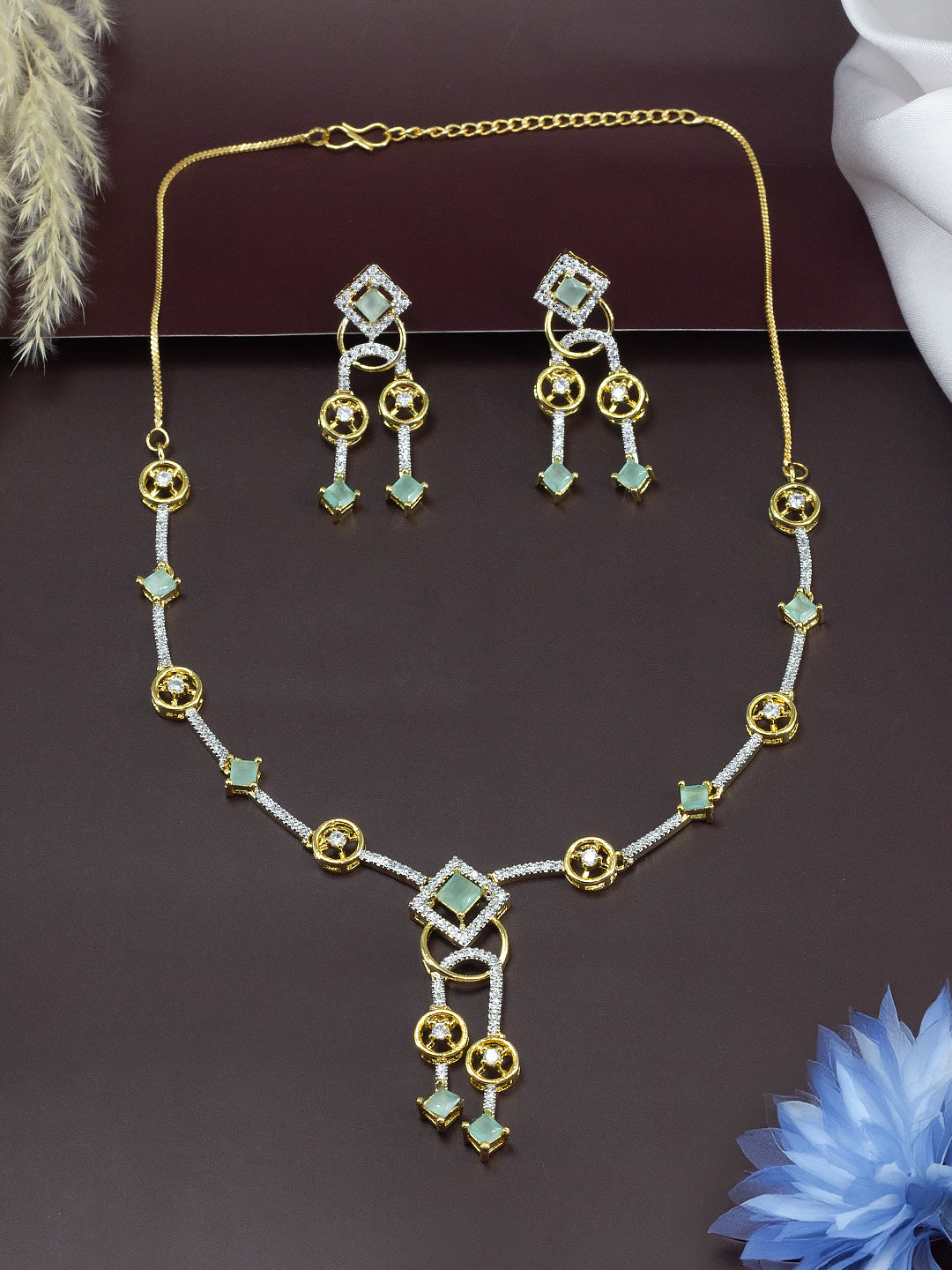 Gold Plated Lariat Mint Green American Diamond Jewellery Set