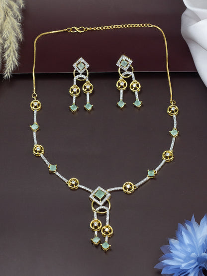 Gold Plated Lariat Mint Green American Diamond Jewellery Set